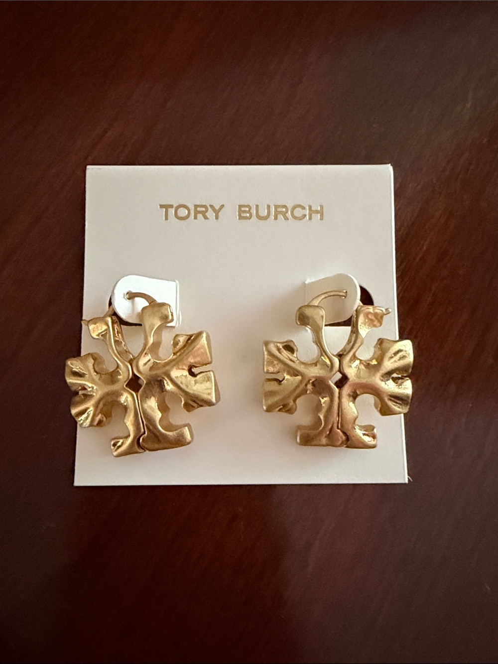 Tory Burch Gold Textured Logo Earrings